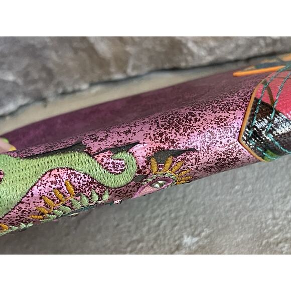 Catchfly Metallic Pink Embroidered Peacock Wallet Multicolor Floral Blue Yellow - Picture 7 of 13